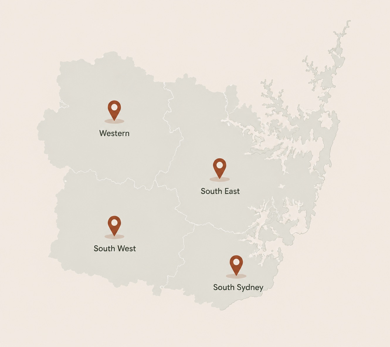 Sydney service area map showing Western, South East, South West, and South Sydney